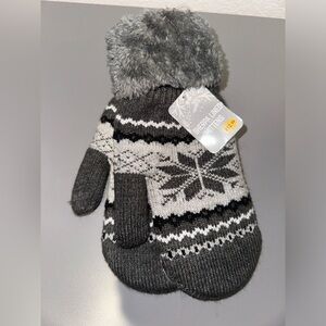 Winter Sherpa Lined Snowflake Knit Mettens, Dark Gray/Gray - One Size